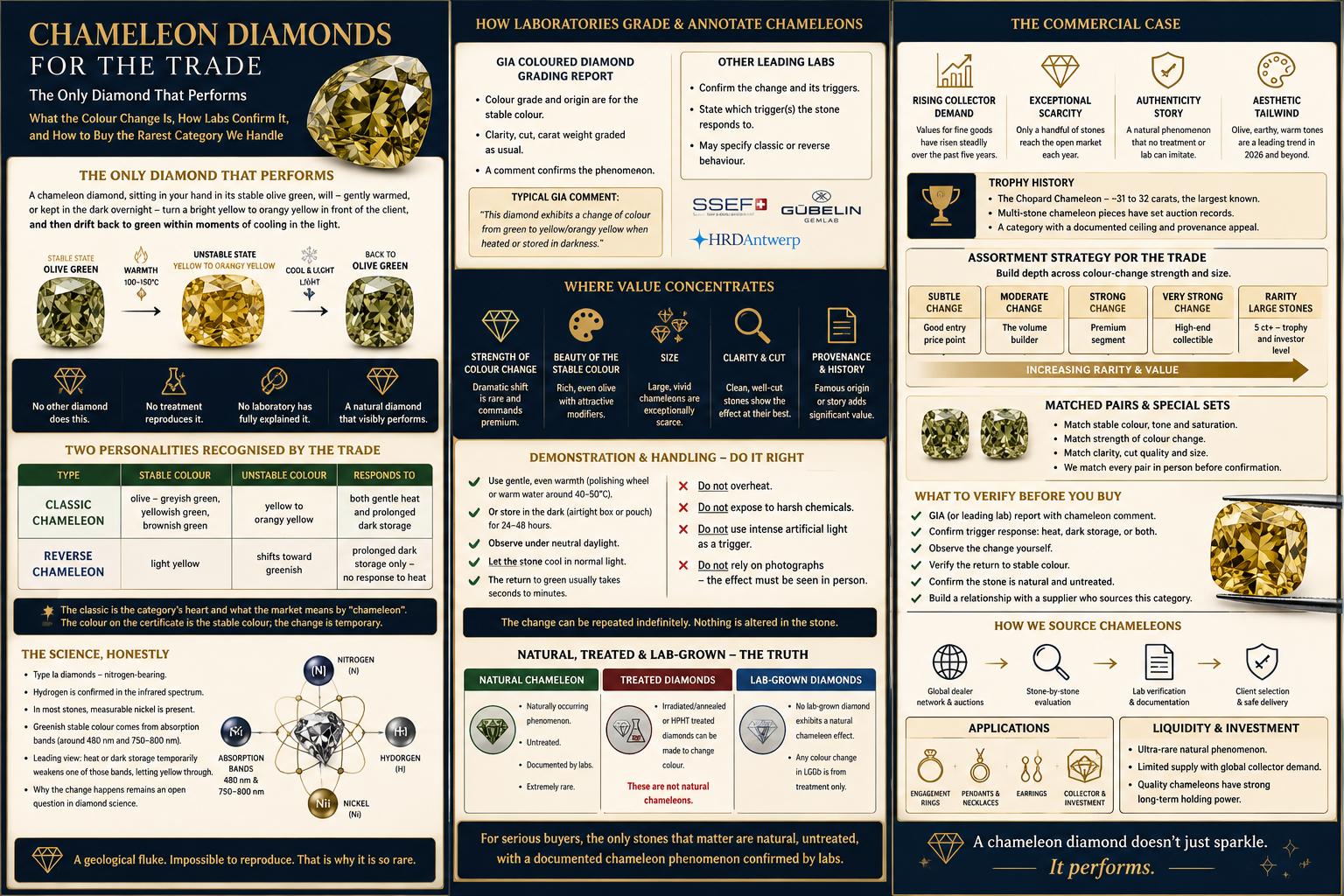 Chameleon diamond infographic showing stable olive green and temporary yellow to orangey Chameleon diamond infographic showing stable olive green and temporary yellow to orangey