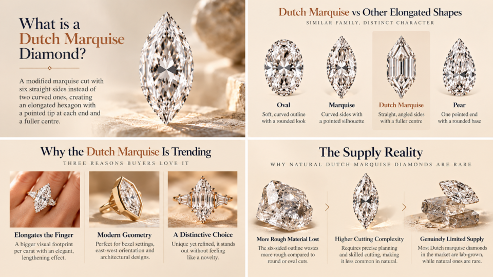 Dutch marquise stones are lab-grown, while natural ones remain rare. Dutch marquise stones are lab-grown, while natural ones remain rare.