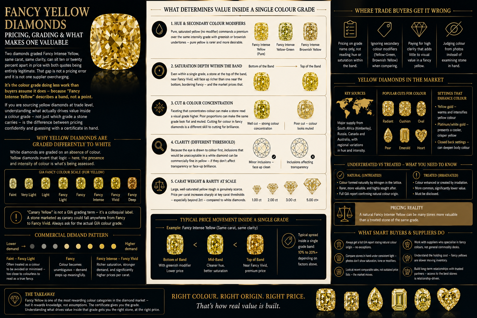 Fancy yellow diamond infographic explaining GIA fancy colour grades, hue modifiers, saturation