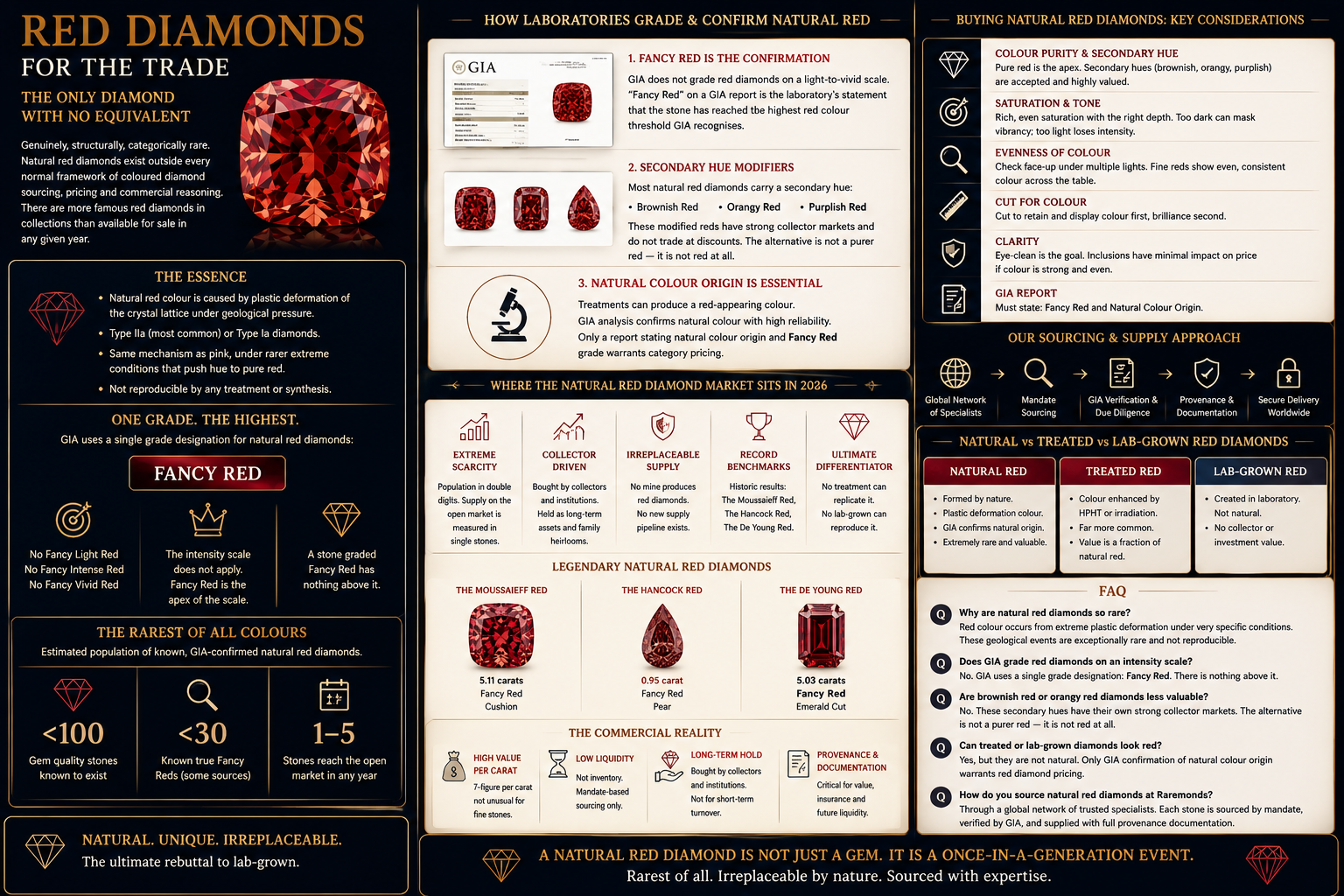 Natural red diamond infographic explaining geological rarity, GIA Fancy Red grading, secondary hue