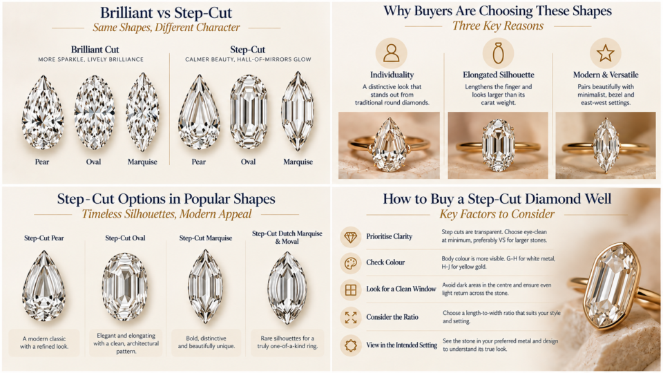 Step cut options in popular shapes Step cut options in popular shapes